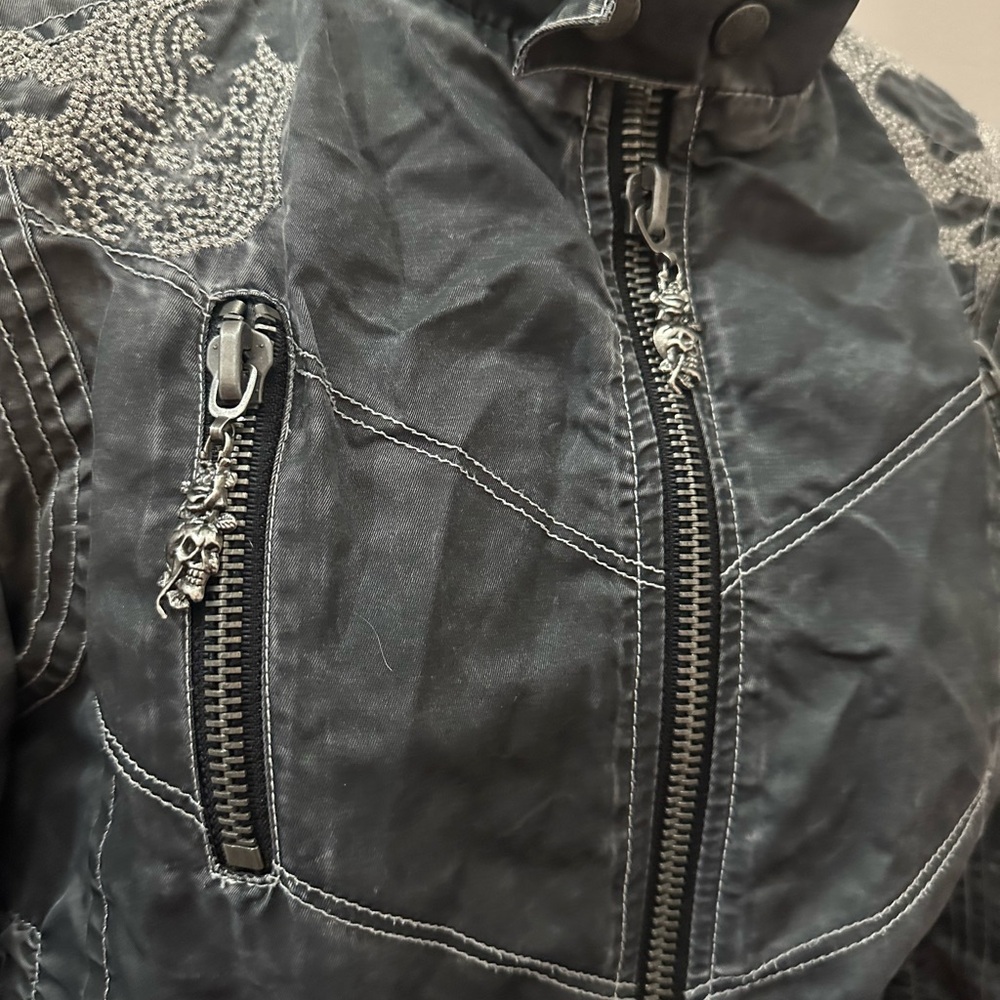 Ed Hardy Dark Grey Moto Jacket with Tiger Embroidery Y2K Biker Grunge Alt - Picture 4 of 10